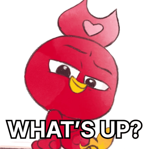 A Red Cartoon Character With A Heart On Its Head And The Words What 'S Up Below It GIF