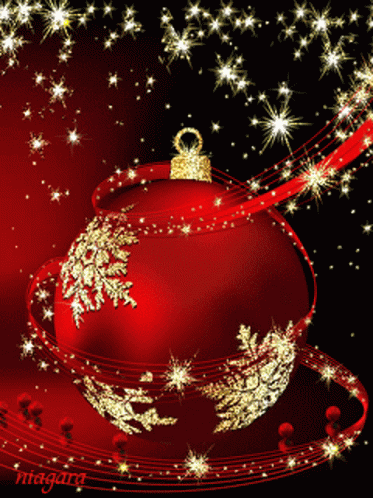 A Red Christmas Ornament Is Surrounded By Gold Snowflakes GIF