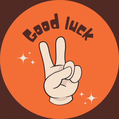 A Red Circle With A Hand Giving A Peace Sign And The Words " Good Luck " GIF
