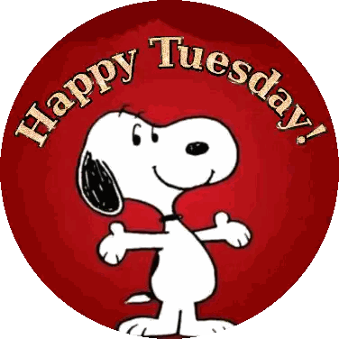 a red circle with snoopy and the words " happy tuesday "