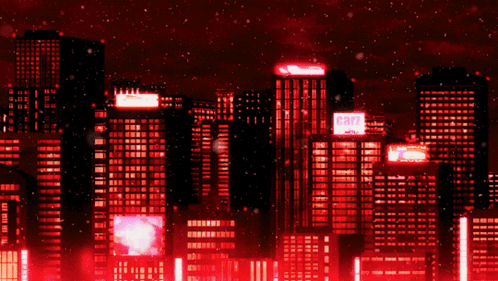 A Red City Skyline With A Sign That Says Rarz GIF