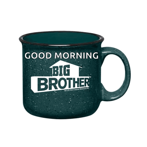 A Red Coffee Mug That Says Good Morning Big Brother On It GIF