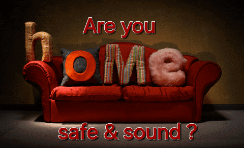 A Red Couch With The Words " Are You Home Safe & Sound " Written On It GIF