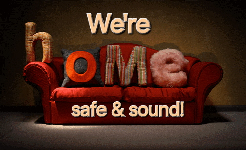 A Red Couch With The Words " We 'Re Home Safe & Sound " On It GIF
