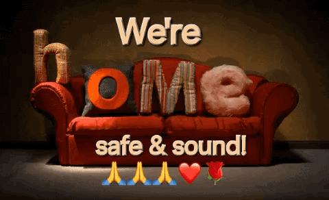 A Red Couch With The Words " We 'Re Safe & Sound " Written On It GIF