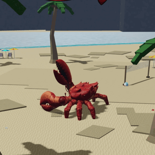 A Red Crab Is On A Sandy Beach With Palm Trees In The Background GIF