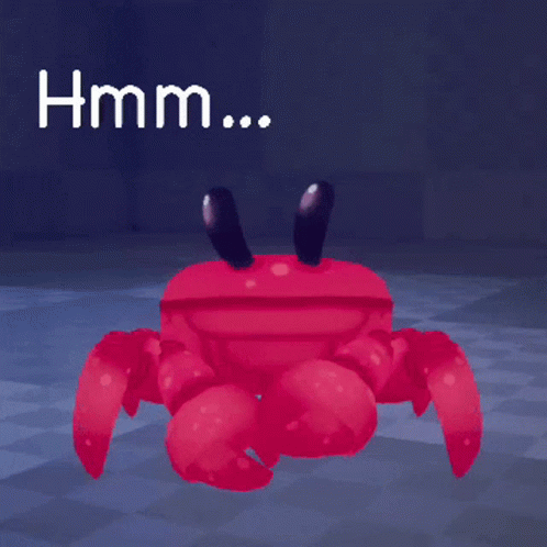 A Red Crab With Black Eyes And The Words Hmm Below It GIF