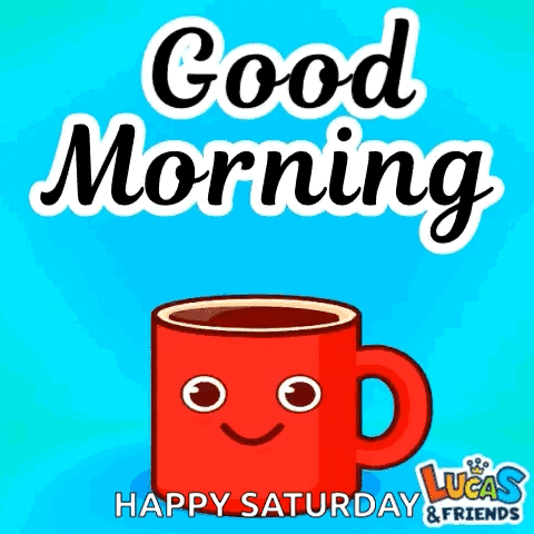 A Red Cup Of Coffee With A Smiling Face Says Good Morning GIF