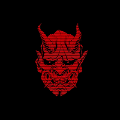 A Red Demon Mask On A Black Background With Chinese Writing On It . GIF