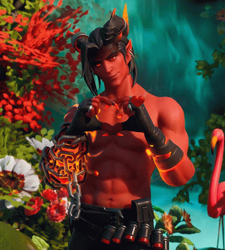 a red demon with horns is making a heart with his hands
