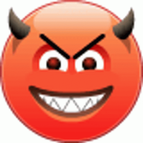A Red Devil Smiley Face With Horns And Sharp Teeth On A White Background . GIF