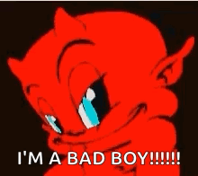 A Red Devil With The Words `` I 'M A Bad Boy !!! '' Written Below It . GIF