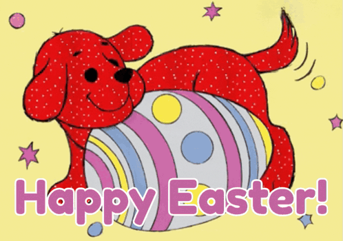 A Red Dog Is Laying On An Easter Egg With The Words Happy Easter Written Below It GIF