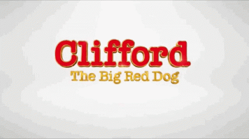 A Red Dog Standing In Front Of A Sign That Says Clifford Dogs GIF