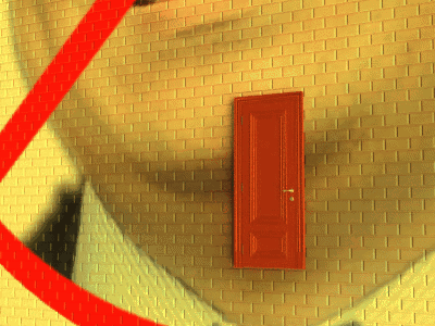 A Red Door On A Brick Wall With A Red Ribbon GIF