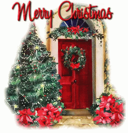 A Red Door With A Wreath On It And The Words Merry Christmas GIF
