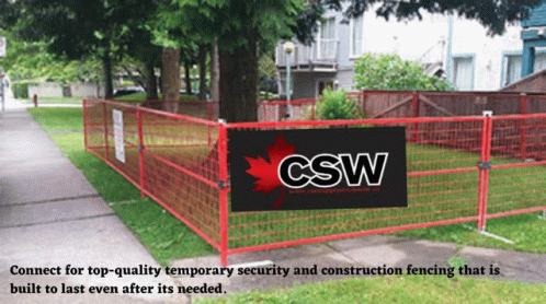 A Red Fence With A Csw Sign In Front Of It GIF