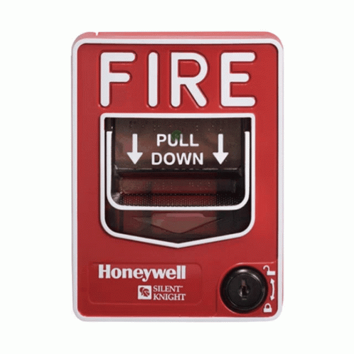 A Red Fire Alarm By Honeywell That Says Pull Down On It GIF