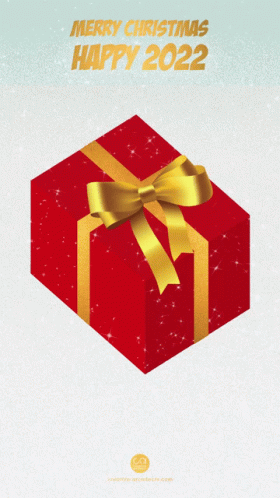 A Red Gift Box With A Gold Bow And The Words Merry Christmas Happy 2022 On It GIF