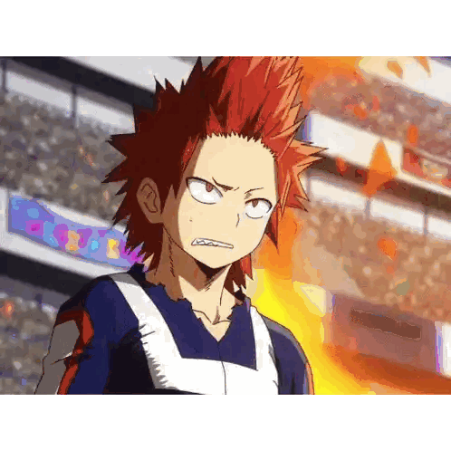 a red haired anime character is standing in front of a stadium full of people