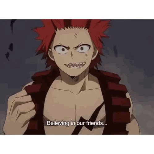 a red haired anime character with the words believing in our friends
