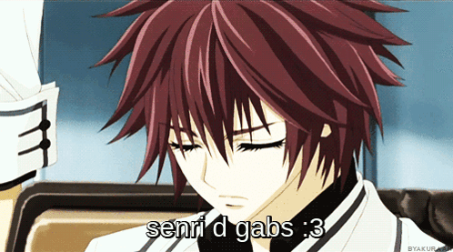 A Red Haired Anime Character With The Words Senri D Gabs : 3 Above Him GIF