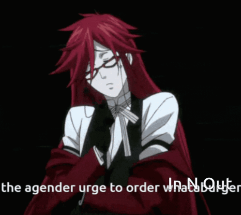 A Red Haired Anime Character With The Words " The Agener Urge To Order " On The Bottom GIF