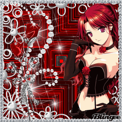 A Red Haired Anime Girl In A Black Corset Surrounded By Diamonds And Pearls GIF