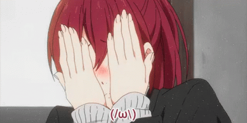 A Red Haired Anime Girl Is Covering Her Face With Her Hands GIF