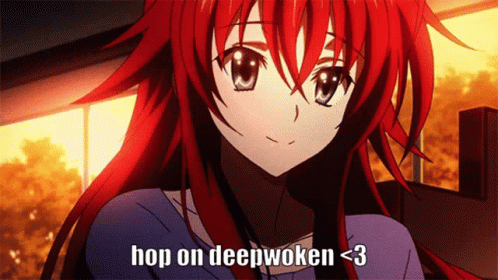 A Red Haired Anime Girl With The Words Hop On Deepwoken < 3 Below Her GIF