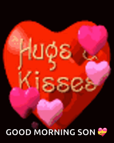 A Red Heart With The Words Hugs And Kisses Written On It Surrounded By Pink Hearts GIF
