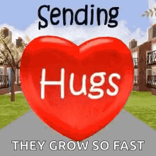 A Red Heart With The Words `` Sending Hugs They Grow So Fast '' Written On It Is Sitting On A Sidewalk . GIF