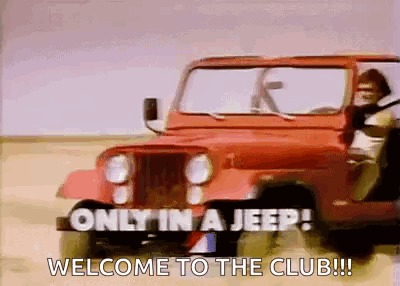A Red Jeep Is Driving Down A Dirt Road And Says `` Only In A Jeep ! Welcome To The Club !! '' GIF