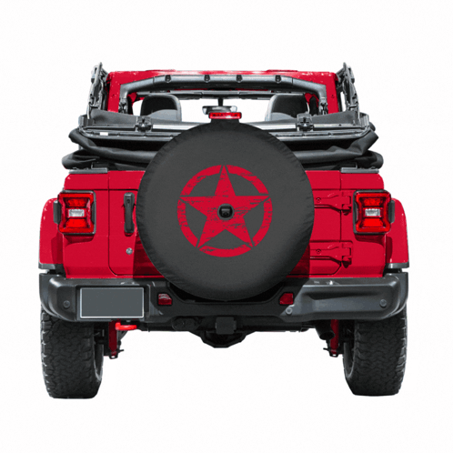 A Red Jeep With A Black Tire Cover With A Red Star In The Center GIF