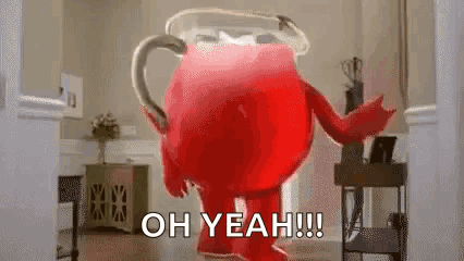 A Red Kettle Man Is Standing In A Room With The Words `` Oh Yeah !!! '' Written On The Bottom . GIF