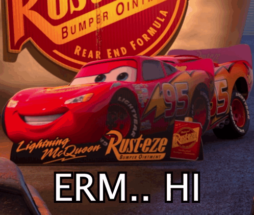 A Red Lightning Mcqueen Car With Rusteze On The Side Of It GIF