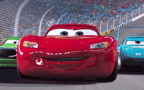 A Red Lightning Mcqueen From Cars Is Smiling In Front Of A Green Car And A Blue Car GIF