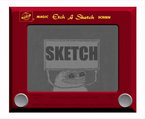 A Red Magic Etch A Sketch Screen Shows A Drawing Of A Frog Holding A Sign That Says Sketch GIF