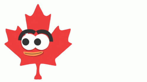 a red maple leaf with a face and a speech bubble that says happy canada eh