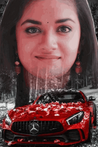 A Red Mercedes Is Surrounded By Leaves And A Woman 'S Face GIF