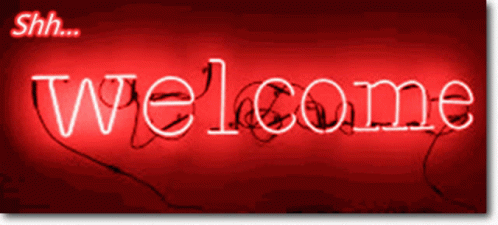 a red neon sign that says welcome with shh written above it