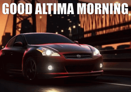 A Red Nissan Altima Is Driving Down A Street GIF