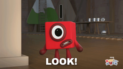 A Red Number Blocks Character Is Standing In A Room And Says Look GIF