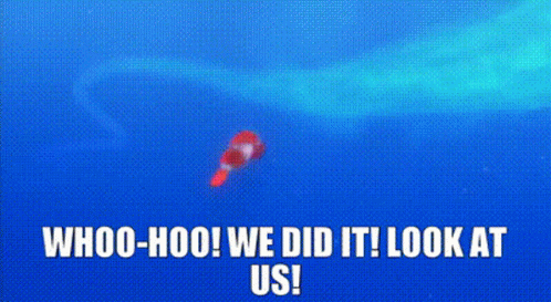 A Red Object Is Flying Through The Air With The Words `` Whoo-Hoo ! We Did It ! Look At Us ! '' . GIF