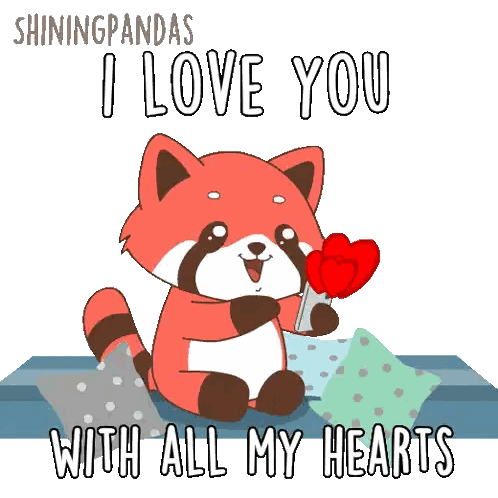 a red panda holding a bunch of red hearts with the words i love you with all my hearts below it
