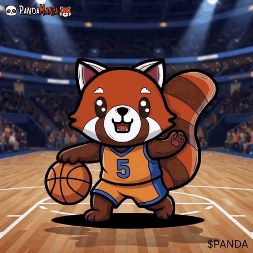 A Red Panda Wearing A Number 5 Jersey Holds A Basketball On A Basketball Court GIF