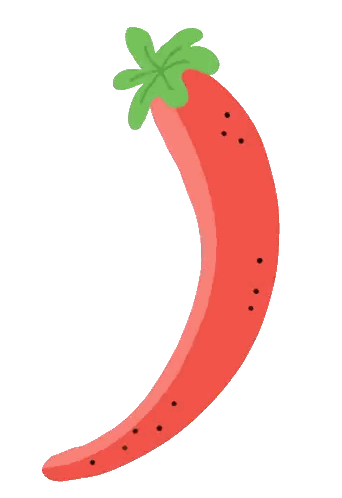 a red pepper with black spots on it has a green stem