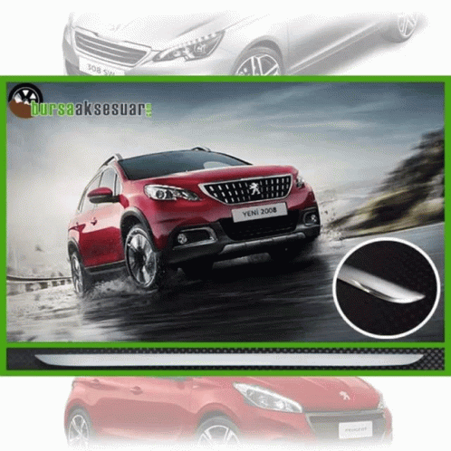 A Red Peugeot 2008 Is Shown In The Rain GIF