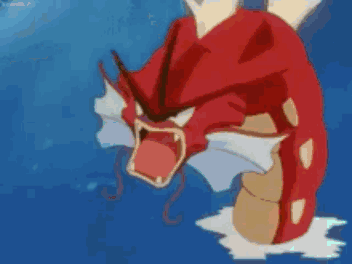 A Red Pokemon Is Swimming In The Water With Its Mouth Open And A Yellow Light Coming Out Of It 'S Mouth . GIF
