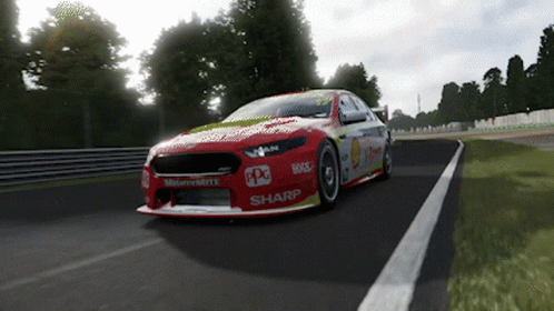 A Red Race Car With Sharp Written On The Side GIF